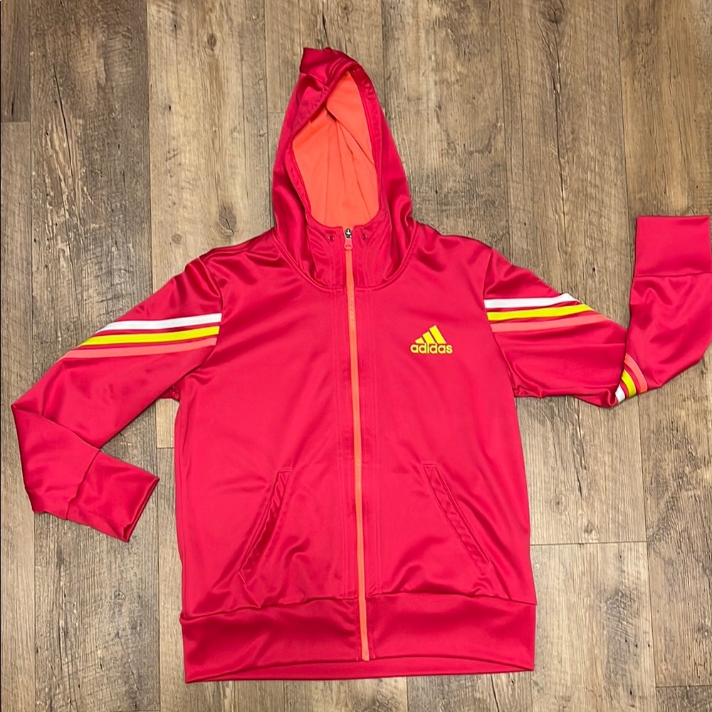 Adidas Hot Pink🩷w/Lime Yellow, Salmon & White Stripes Hoodie, Size XL, EUC🩷